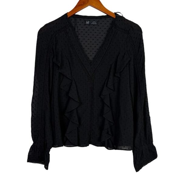 Zara Swiss Dotted Ruffle Detail Semi Sheer Long Sleeve V Neck Blouse XS Black - Picture 15 of 15